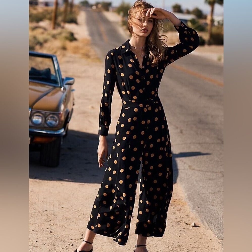 Anthropologie Loveland Wide Leg Jumpsuit - Black with Gold Polkadots | Size 2